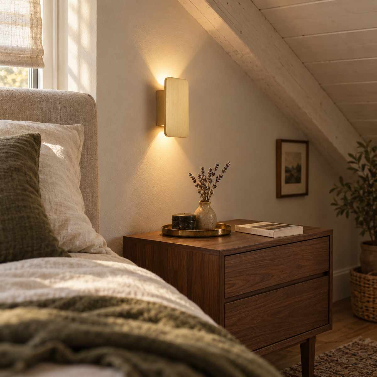 Guarda minimalist aluminum 2-light LED wall sconce, warm light, in a bedroom.