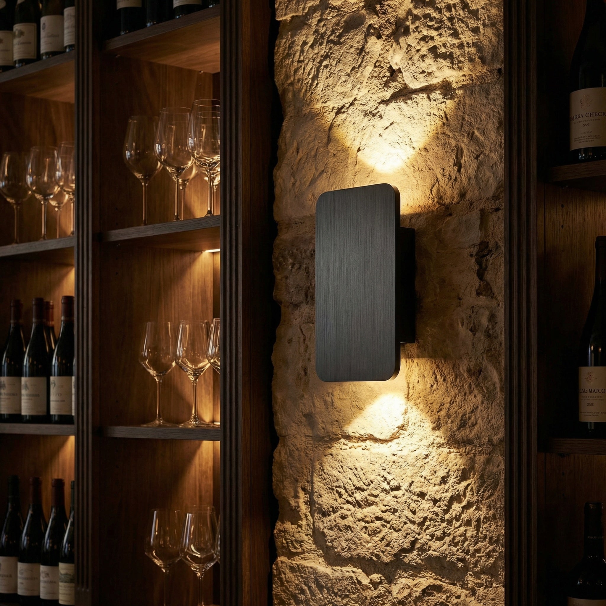 Guarda. wall sconce in black mounted in a quiet hallway with soft up-and-down light