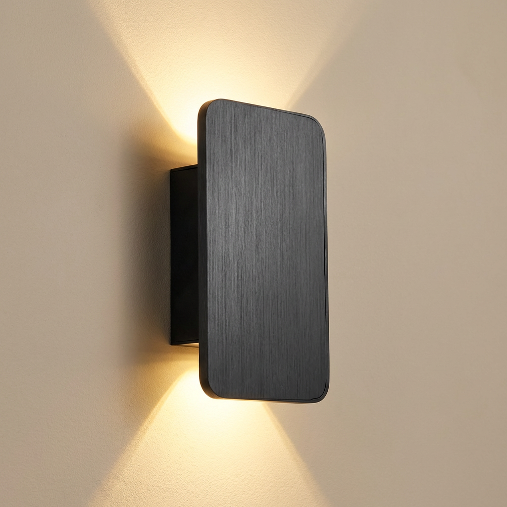 Guarda. wall sconce in black, flat aluminum panel with warm up-and-down LED glow