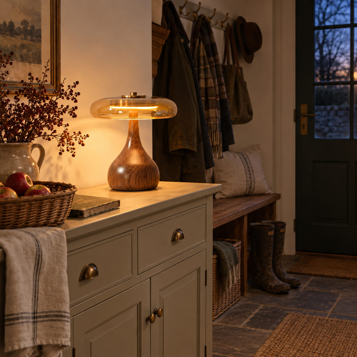 Guimarães wood table lamp, beside a console table.