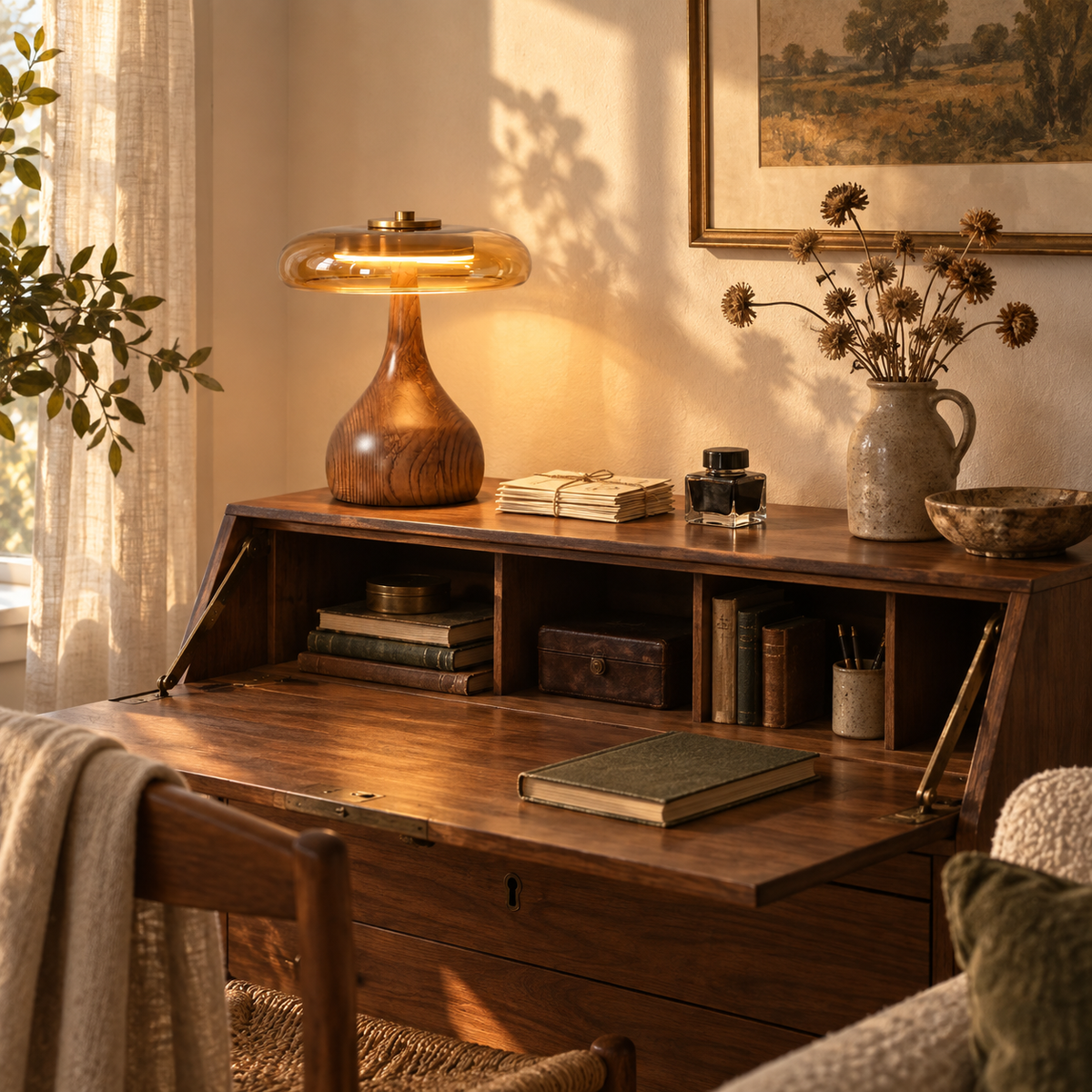 Guimarães wood table lamp, in a living room.