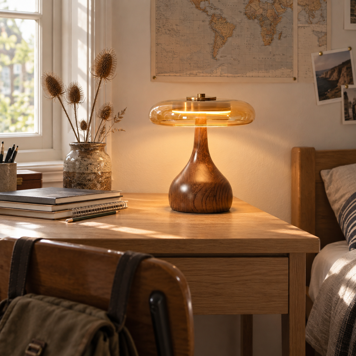 Guimarães wood table lamp, in a bedroom, beside a desk.