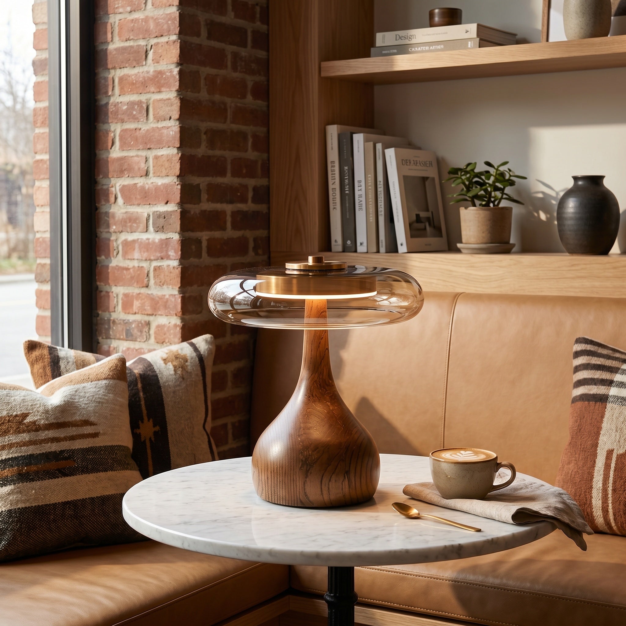 Walnut wooden table lamp with amber dome in a cafe corner with leather banquette.
