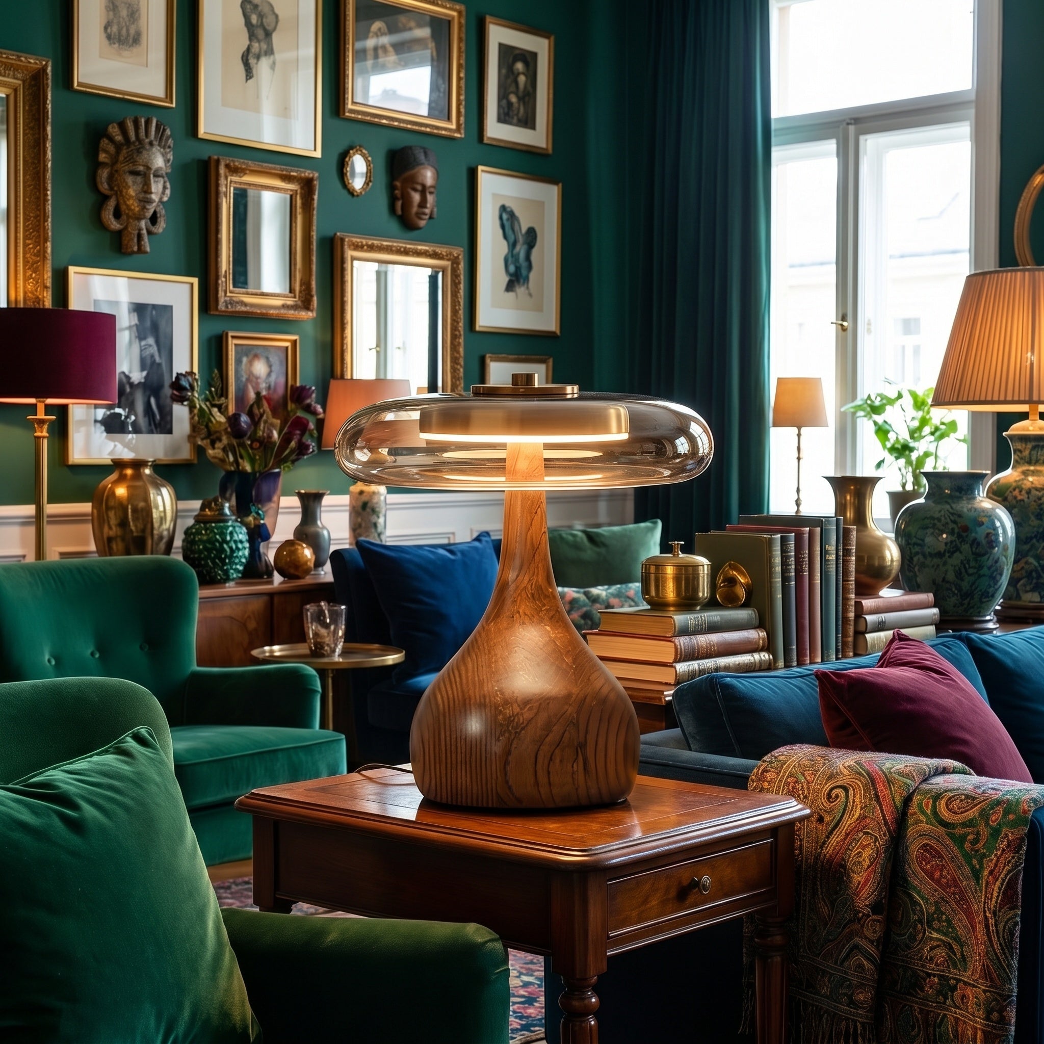 Walnut wooden table lamp with amber dome in a moody dark green library with gallery wall.