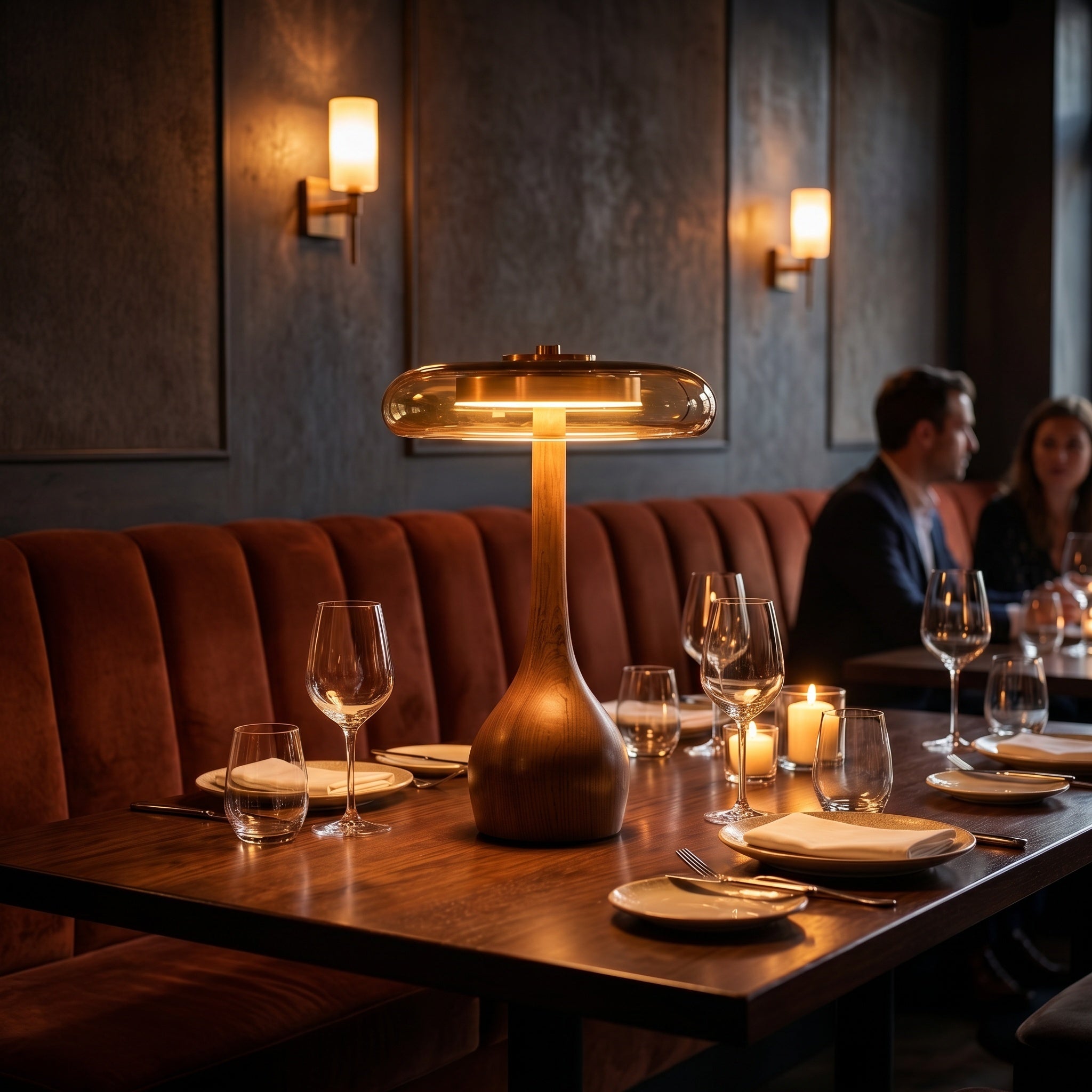 Walnut wooden table lamp with amber dome on a restaurant table set with wine glasses.