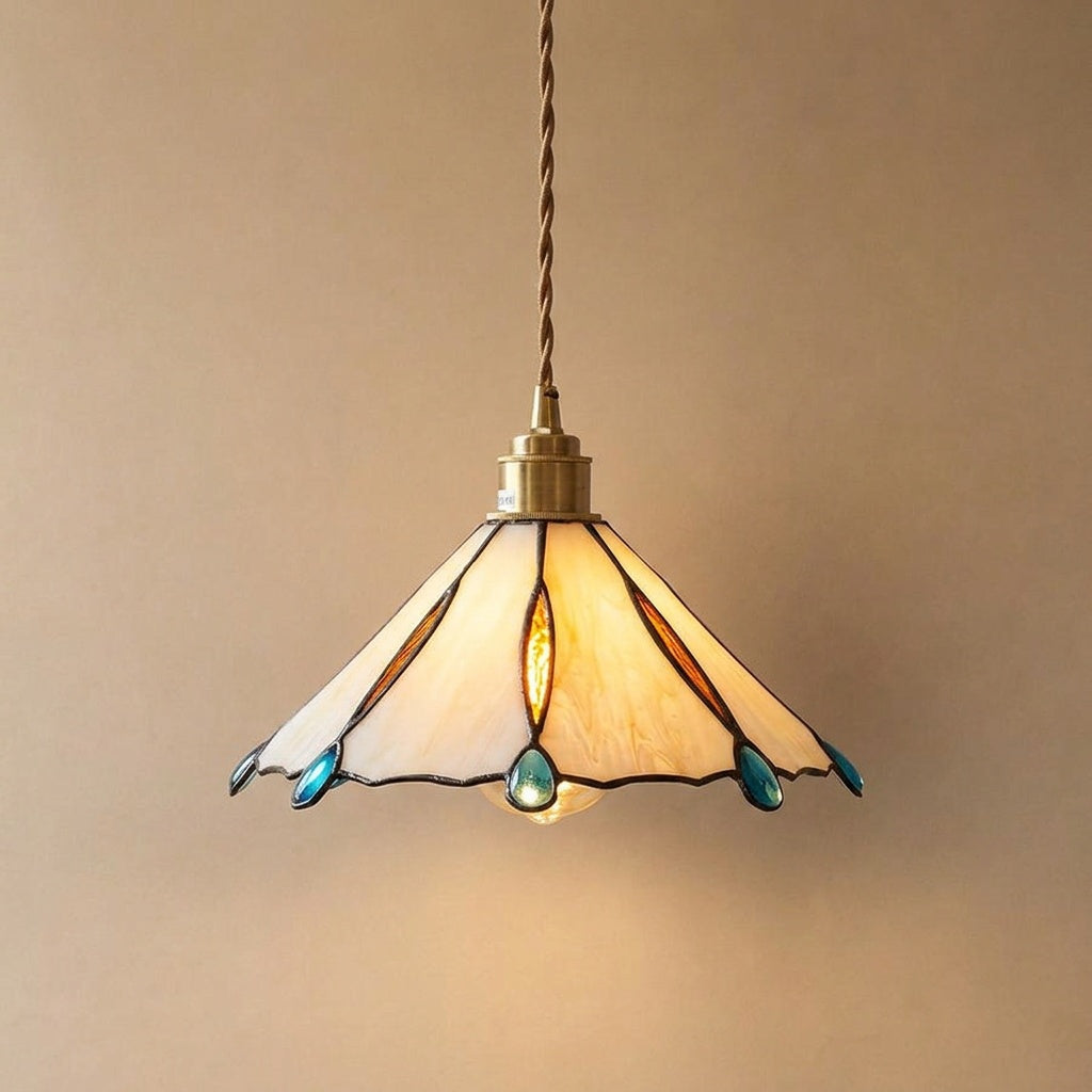 Burgau leaded glass pendant in cream and amber with blue jewels