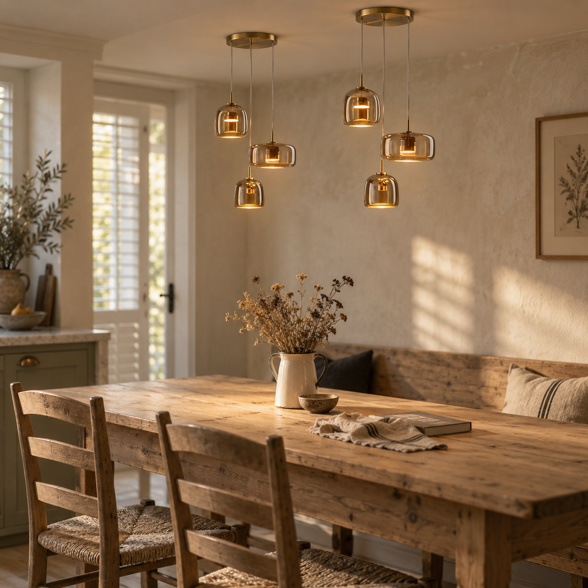 Horta hand-blown glass pendant light in amber, hung as a row of 2 in a kitchen.