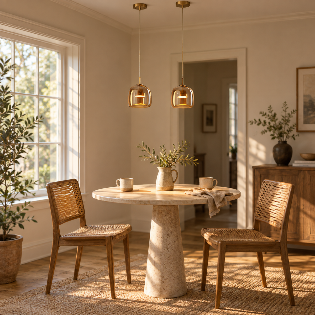 Horta hand-blown glass pendant light in amber, hung as a row of 2 beside a breakfast nook table.