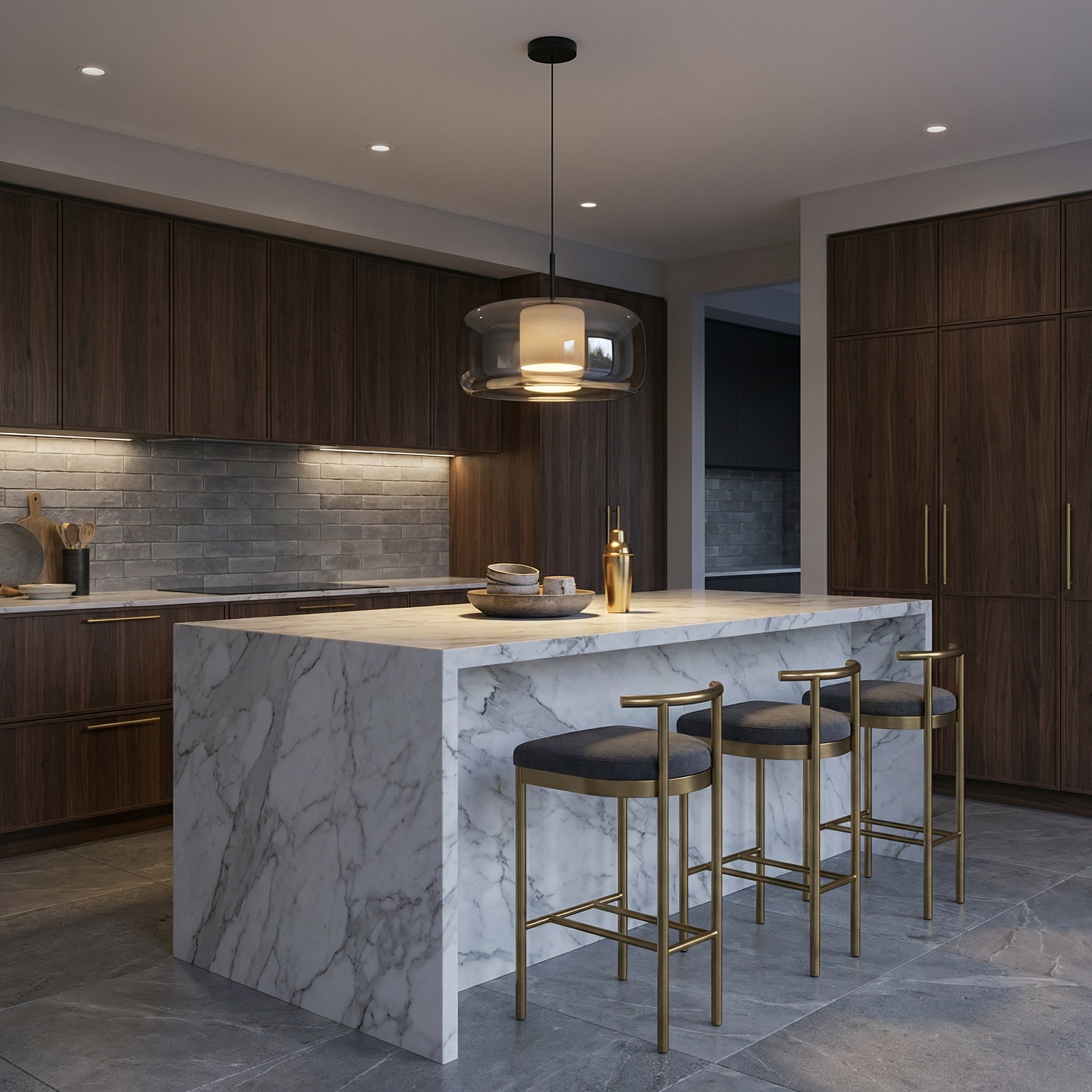 Horta hand-blown glass pendant light hanging above a dining table in a warm room