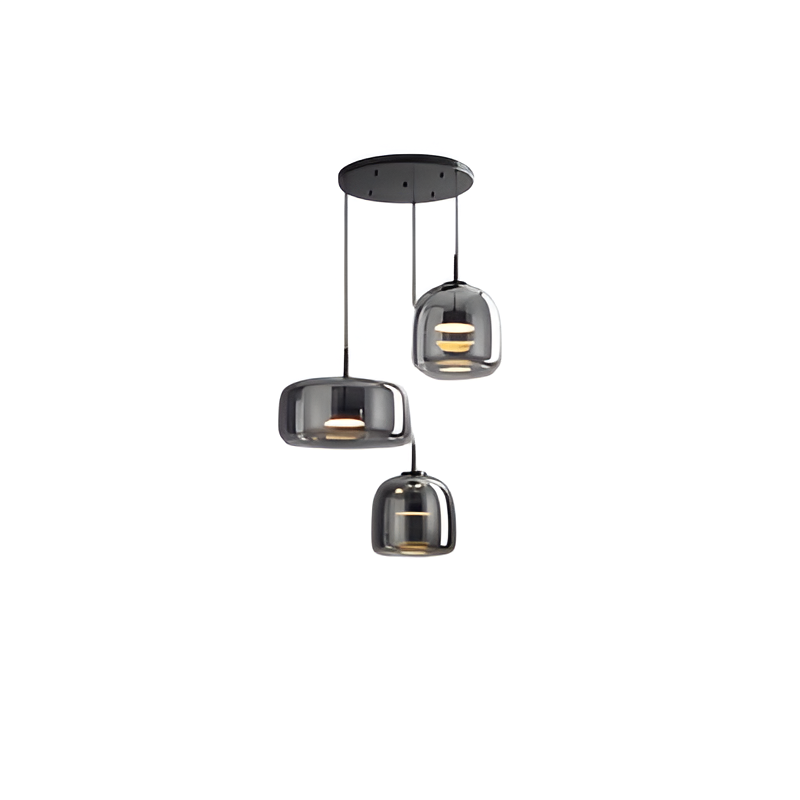 Horta hand-blown glass pendant light, amber and smoked gray globes hung at staggered heights