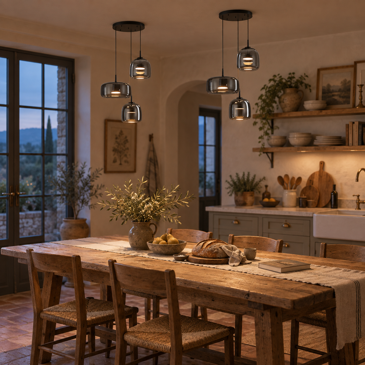 Horta hand-blown glass pendant light in smoked gray, hung as a row of 2 in a kitchen.
