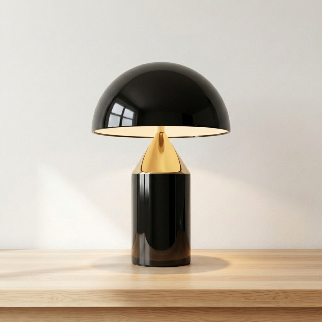 Geometric mushroom table lamp in glossy black finish, product shot.