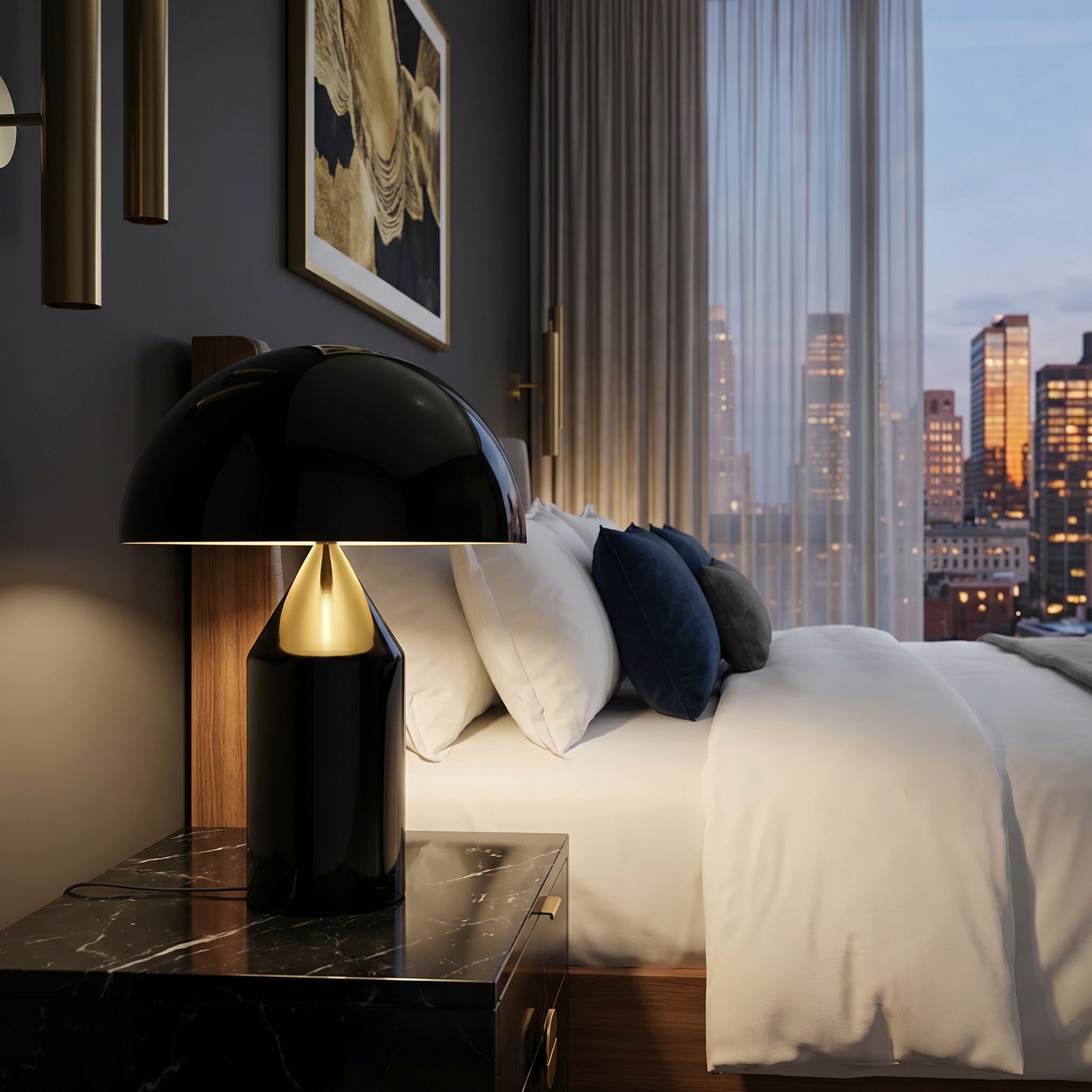 Geometric mushroom table lamp on a side table in a styled living room.
