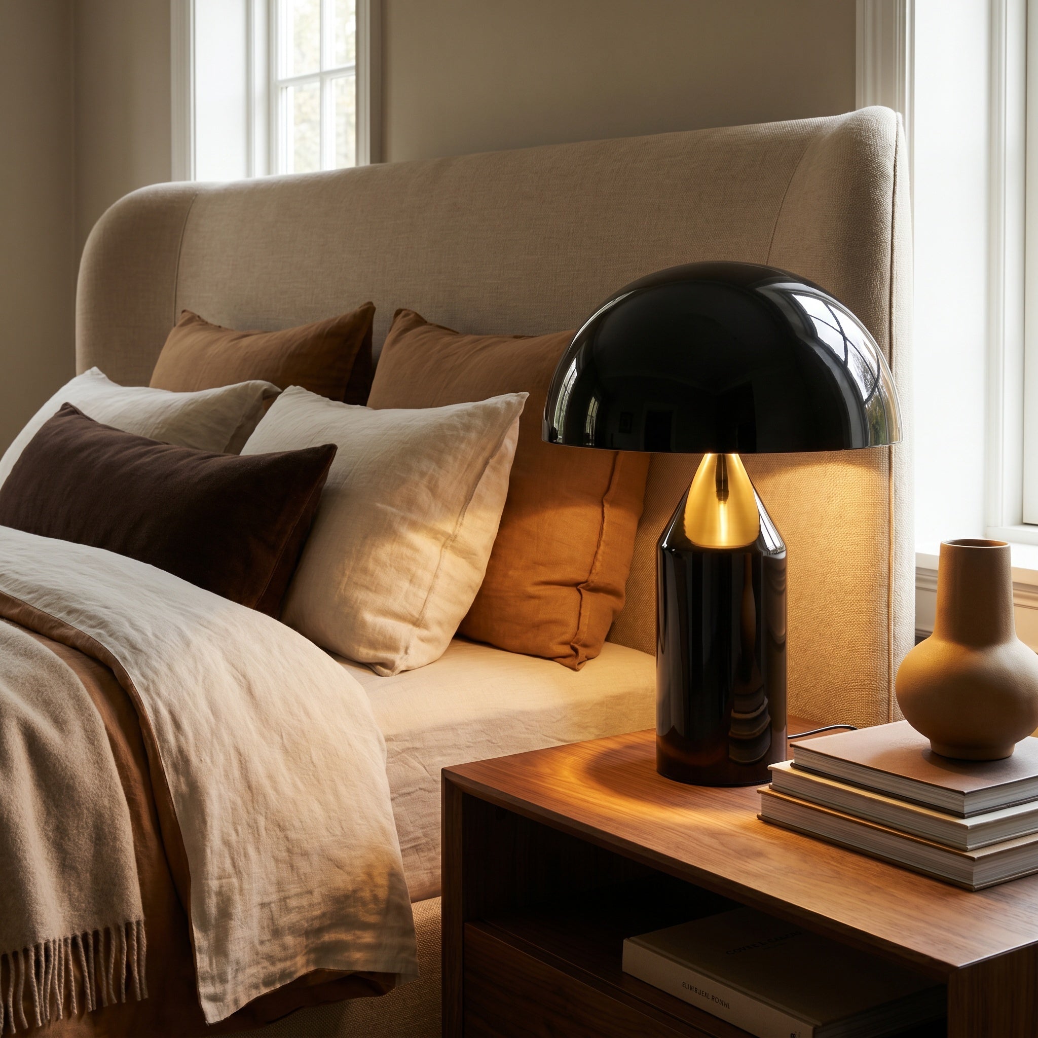 Geometric mushroom table lamp on a desk in a mid-century styled room.