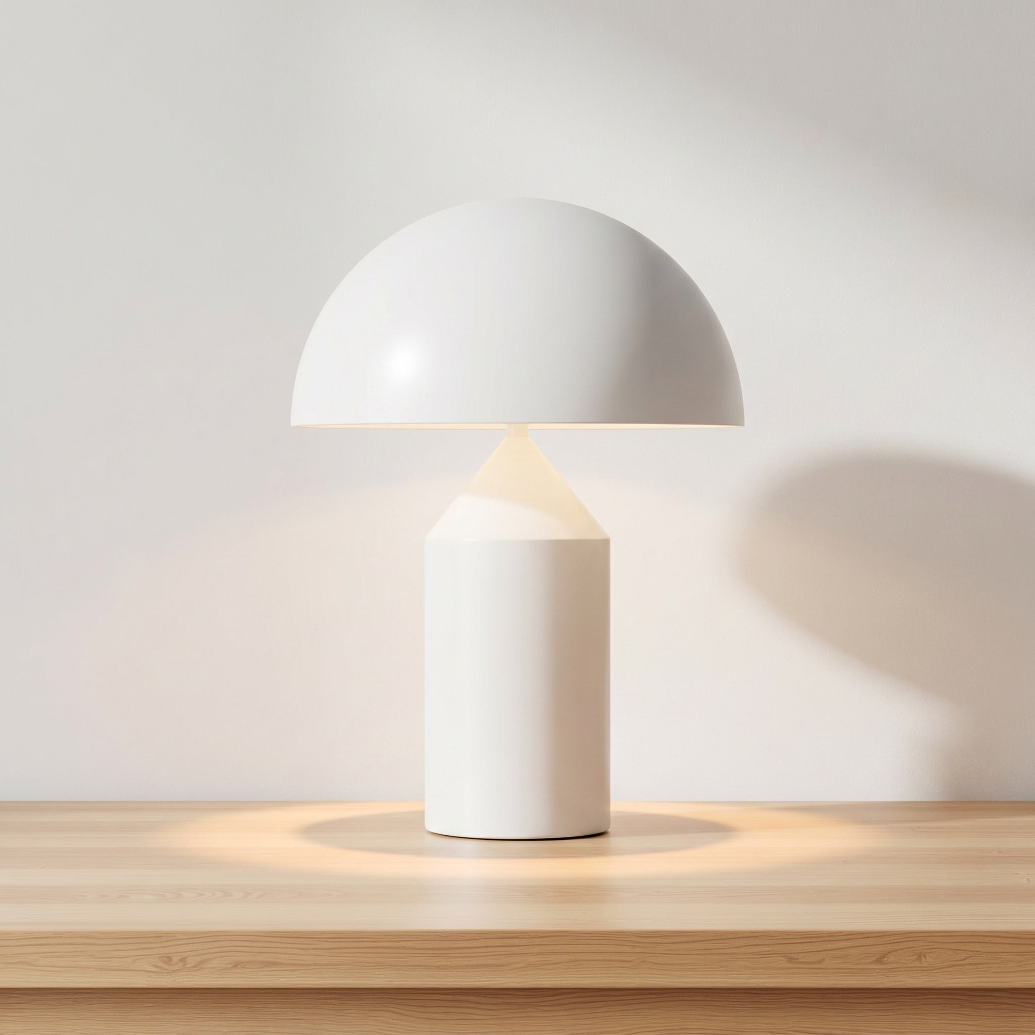 Geometric mushroom table lamp in matte white finish, product shot.