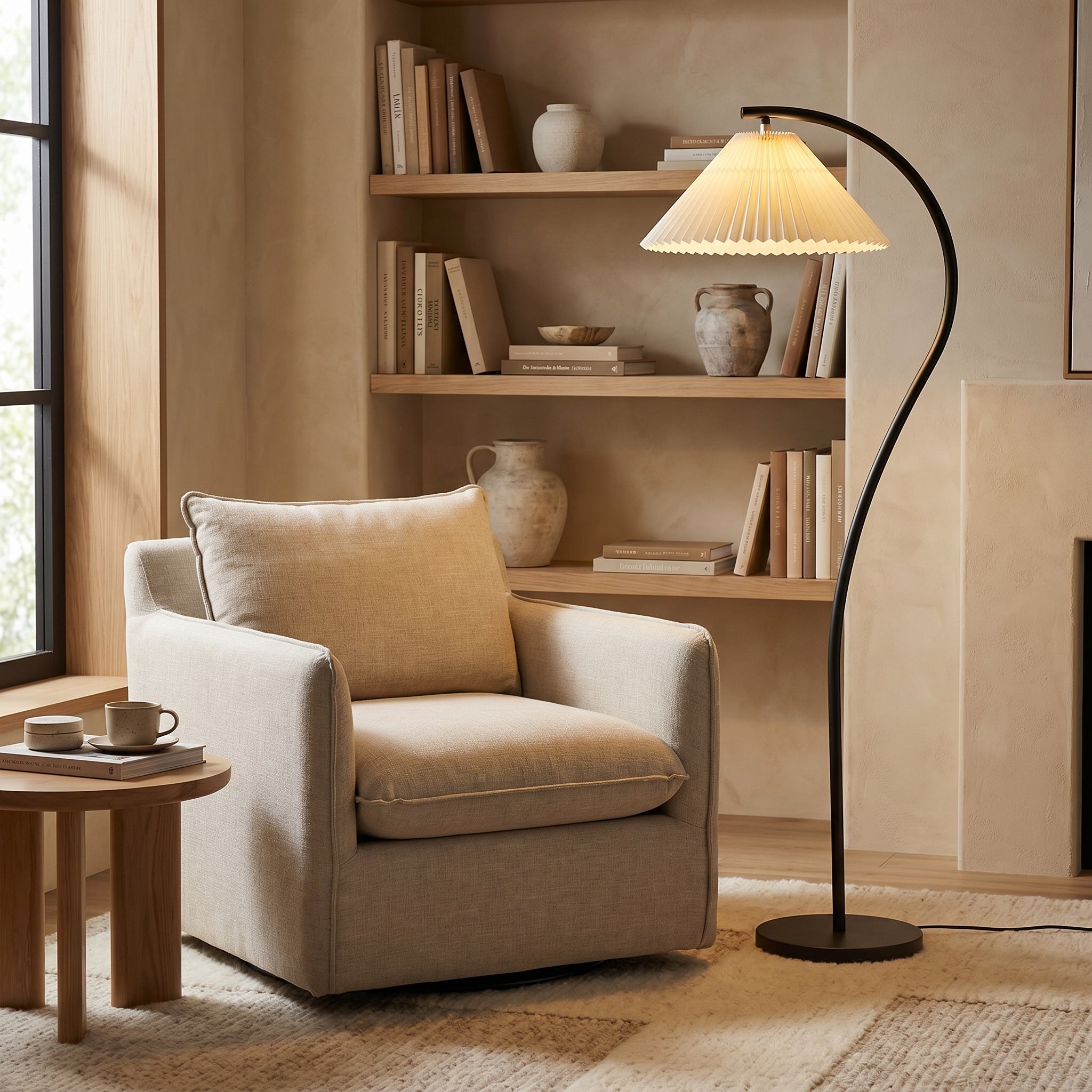 Mafra floor lamp lit in a lived-in living room, pleated shade glowing warmly.