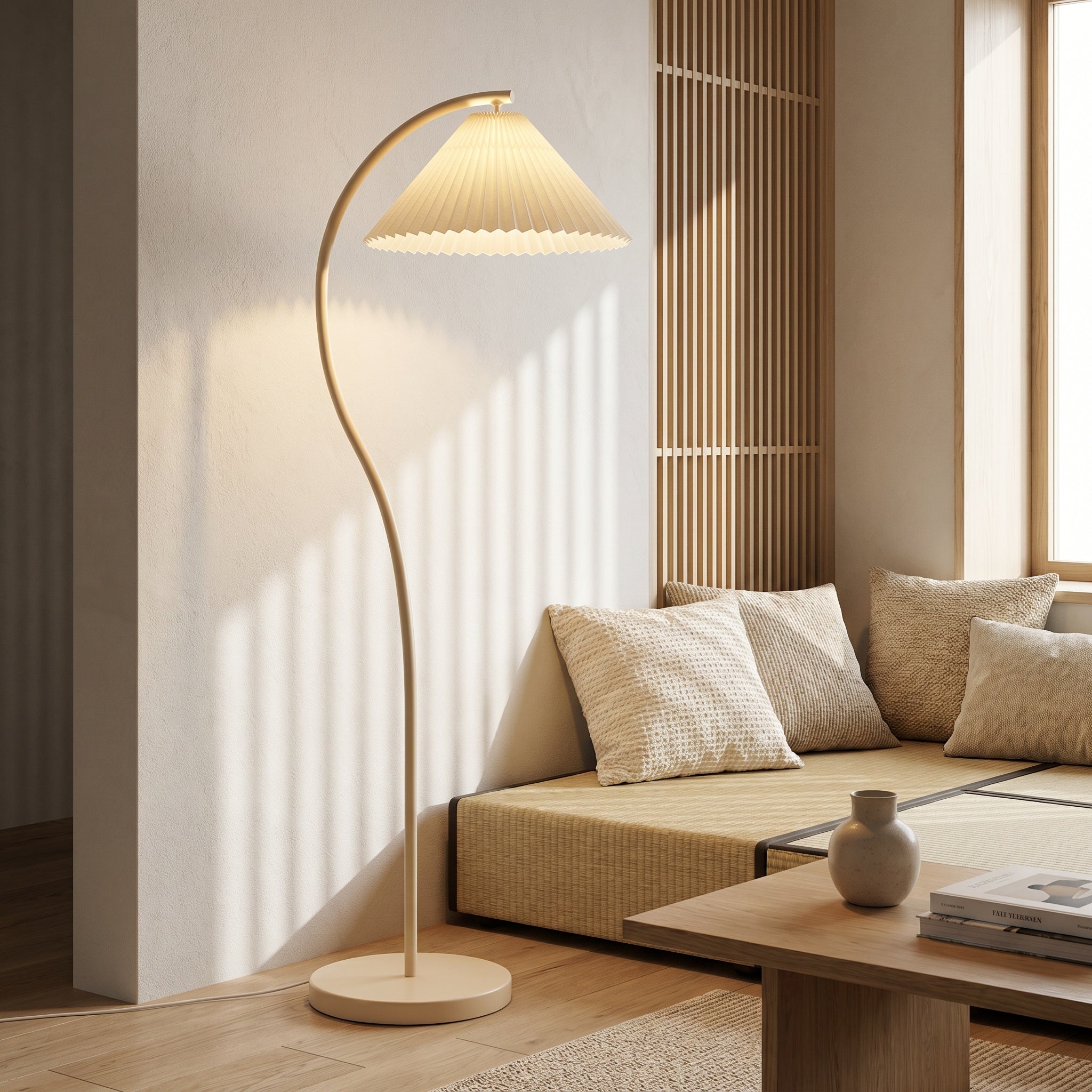 Mafra floor lamp in a minimal room with daybed, cream frame and warm pleated shade.