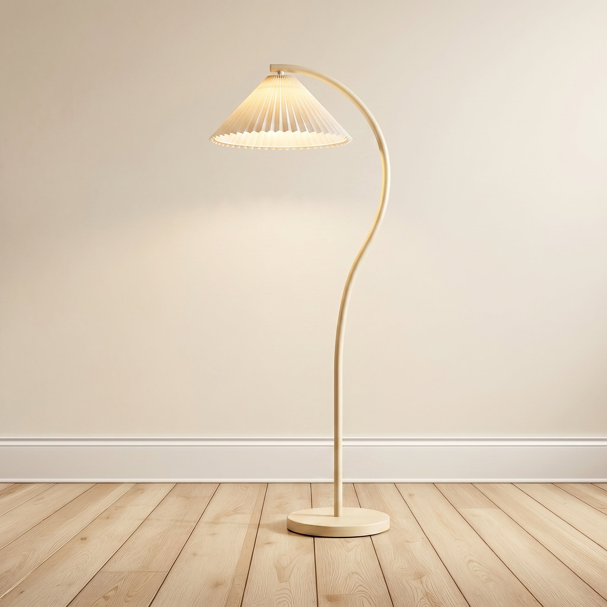 Mafra vintage floor lamp in cream, pleated linen shade and curved beech base.
