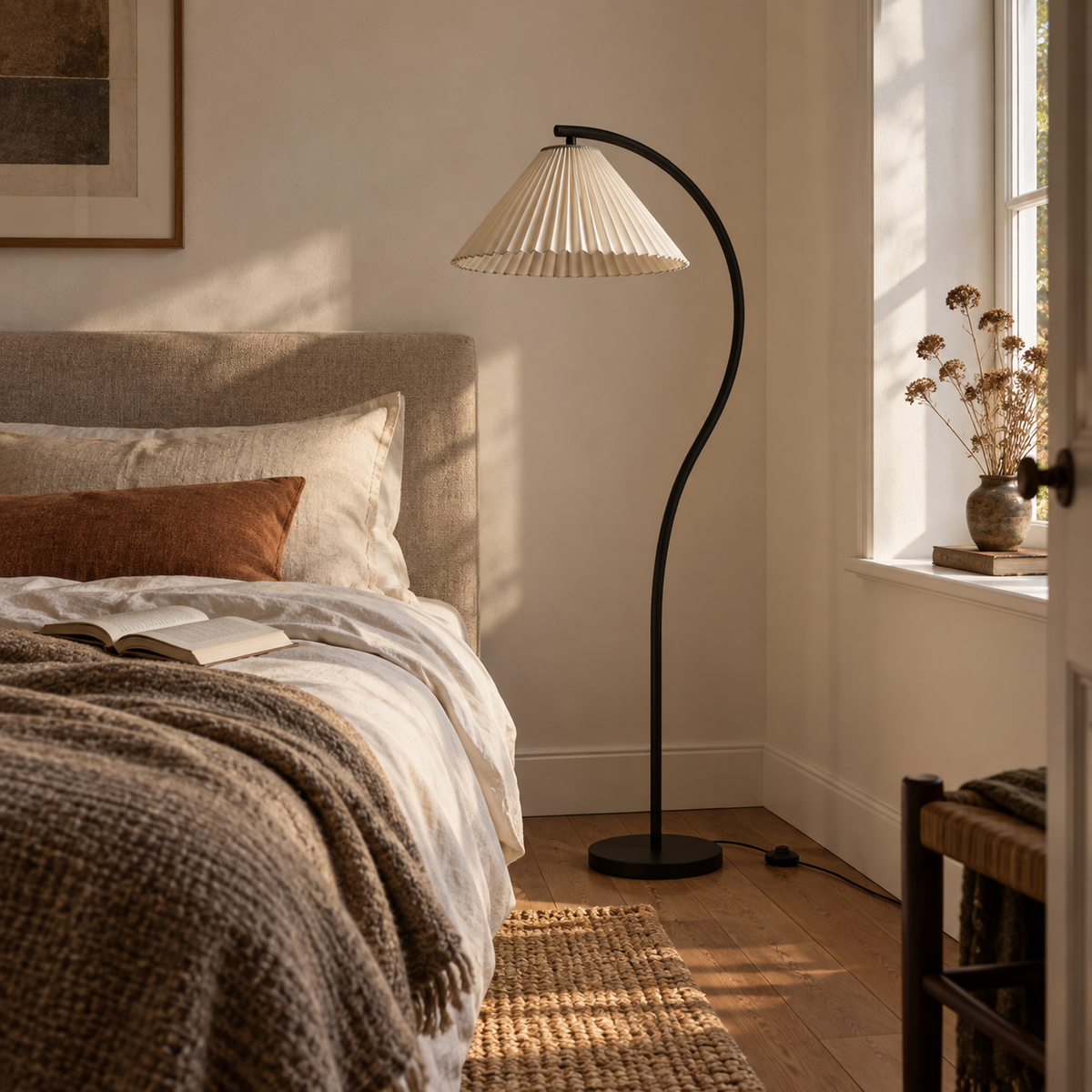 Mafra vintage pleated floor lamp in black, in a bedroom.