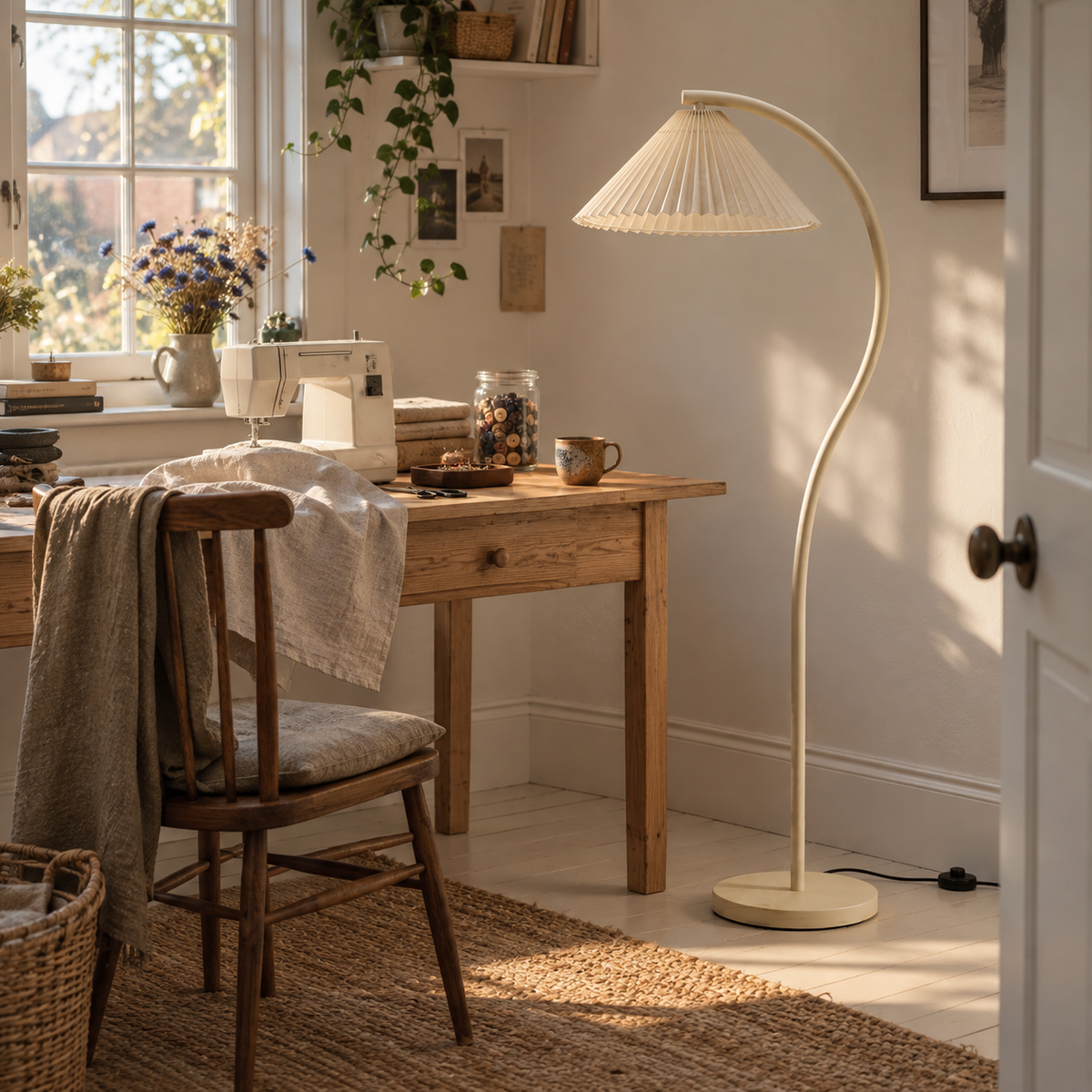 Mafra vintage pleated floor lamp in cream, beside a desk.