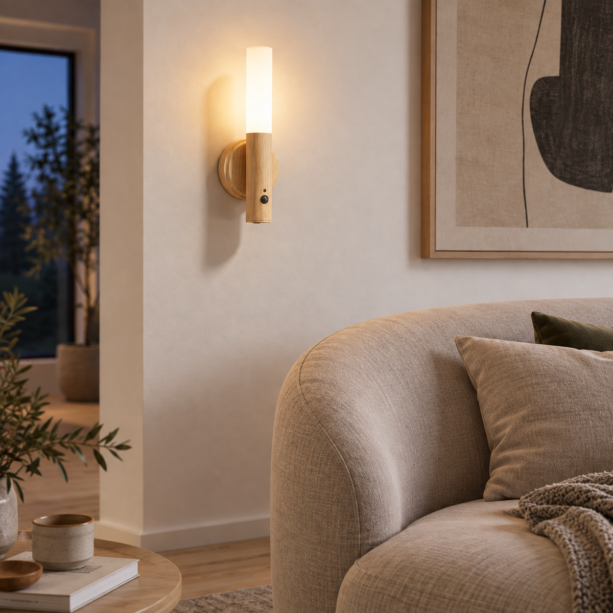 Manteigas motion-sensor LED wall sconce in ashwood, in a living room.