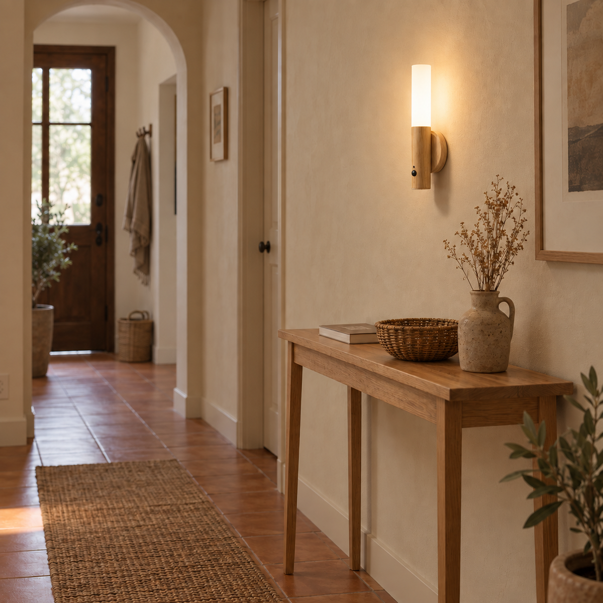 Manteigas motion-sensor LED wall sconce in ashwood, in a hallway.