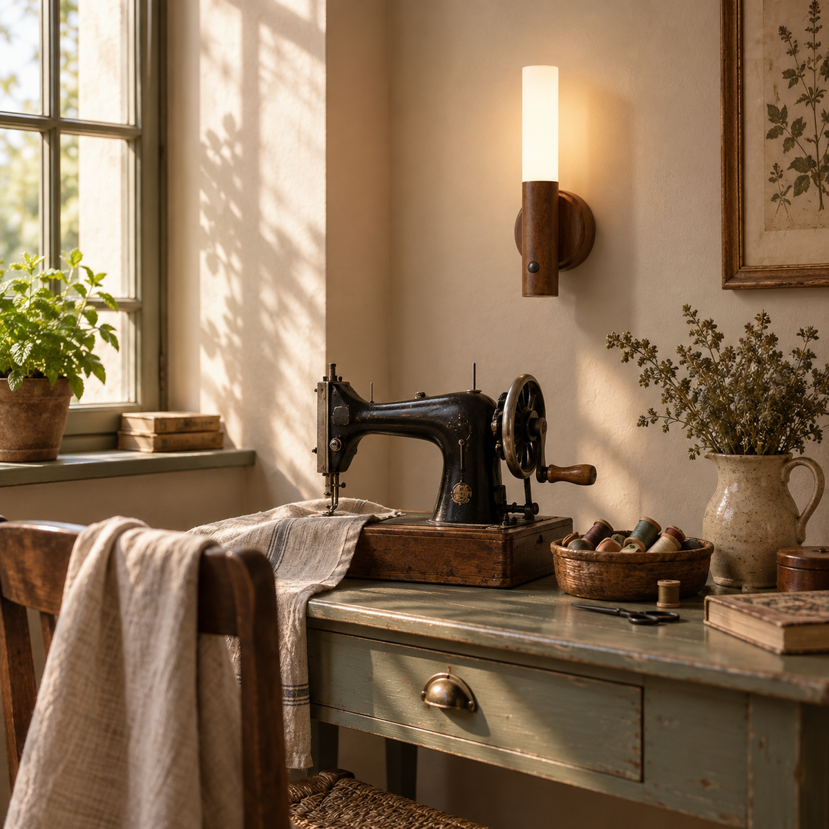 Manteigas motion-sensor LED wall sconce in walnut, in a box room.