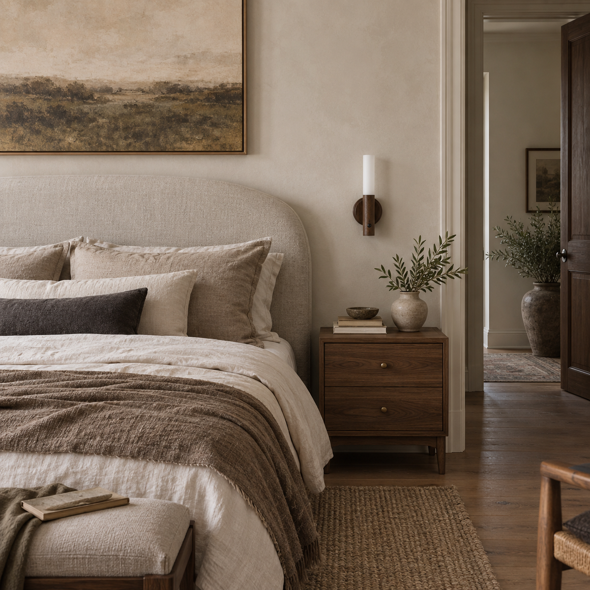 Manteigas motion-sensor LED wall sconce in walnut, in a bedroom.
