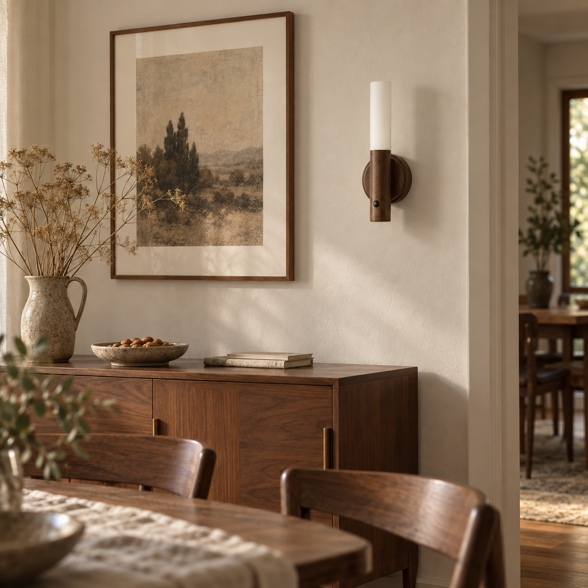 Manteigas motion-sensor LED wall sconce in walnut, in a dining room.