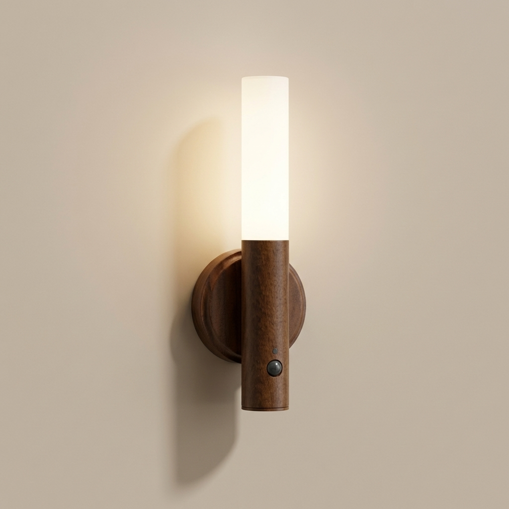 Manteigas solid-wood motion-sensor wall sconce shown in walnut and ashwood on white background