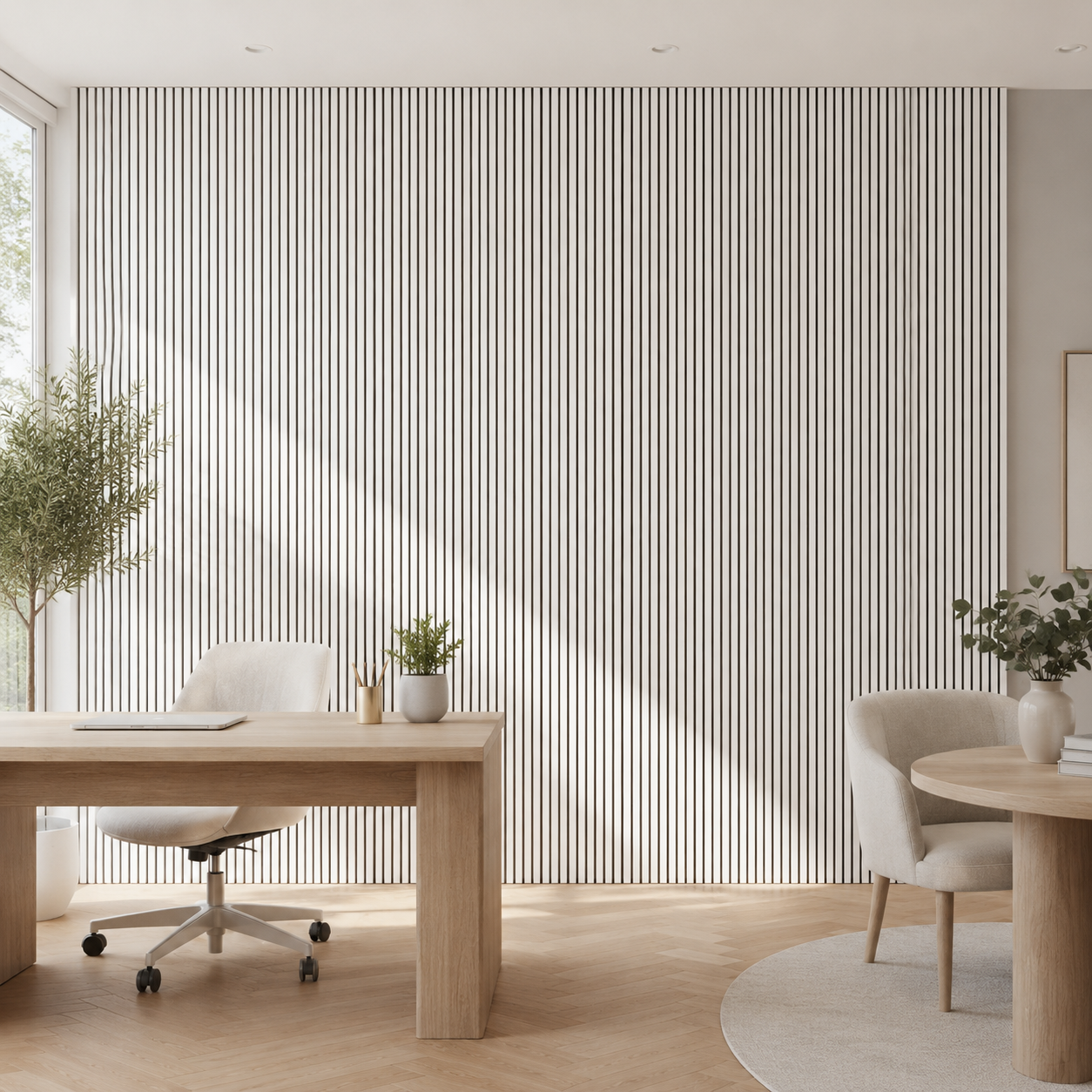 Maresia panel behind a home office desk, white slats softening the room.