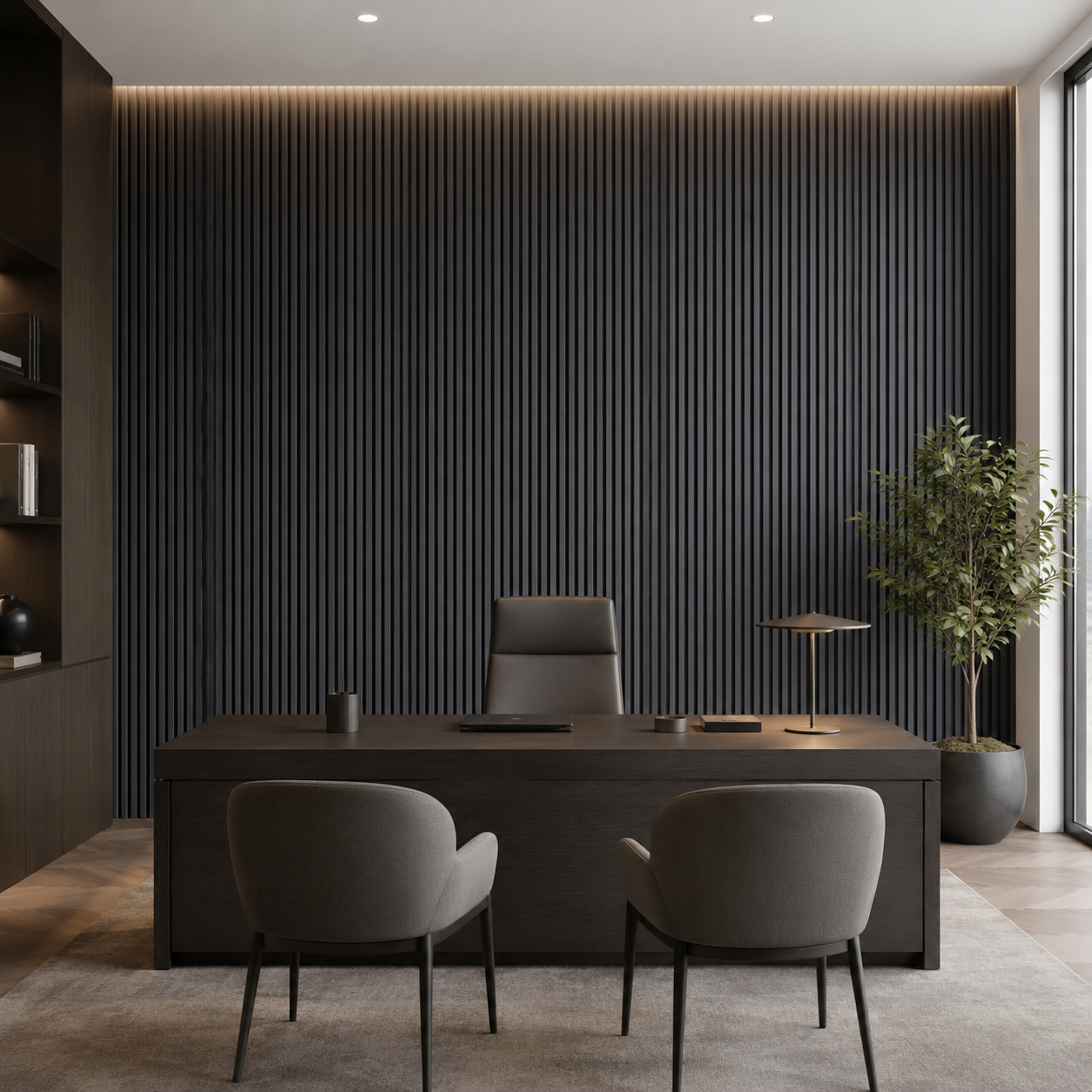 Maresia panel installed full-wall in a workspace, neutral wood tones.