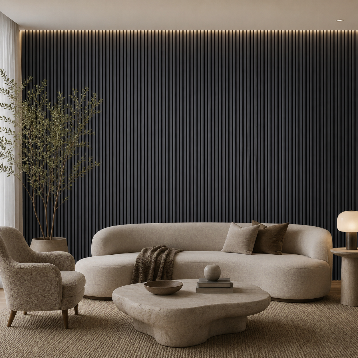 Maresia panel in a hallway, light slats with shadow lines down the wall.