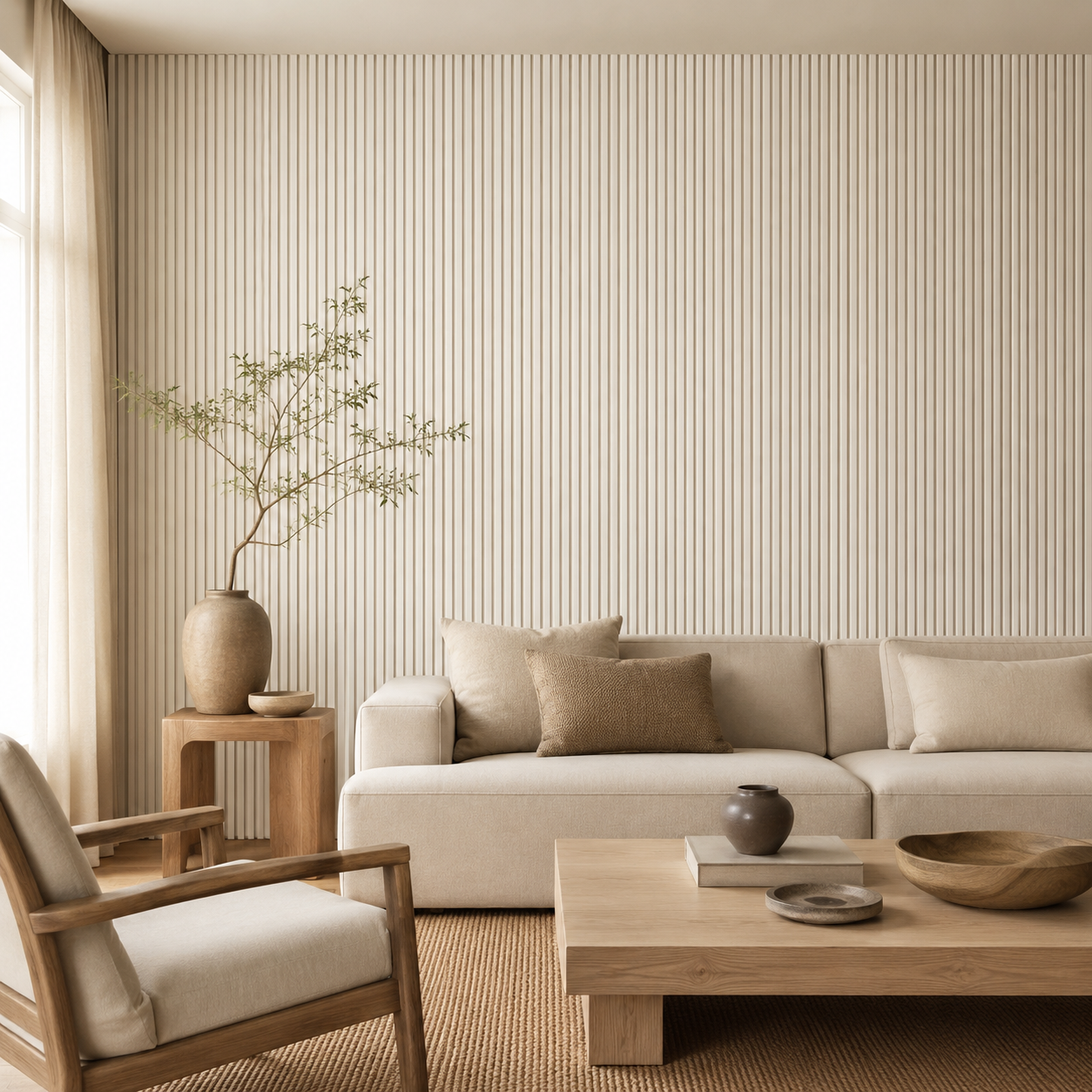 Maresia panel across a living room wall, beige slats with linen sofa.