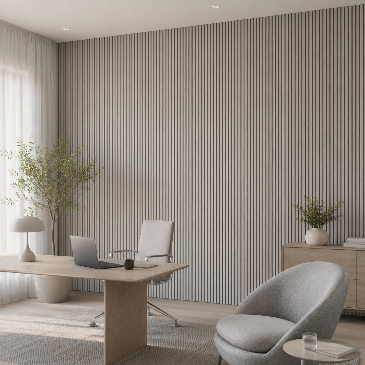Maresia panel in a reading nook, vertical wood slats and warm light.