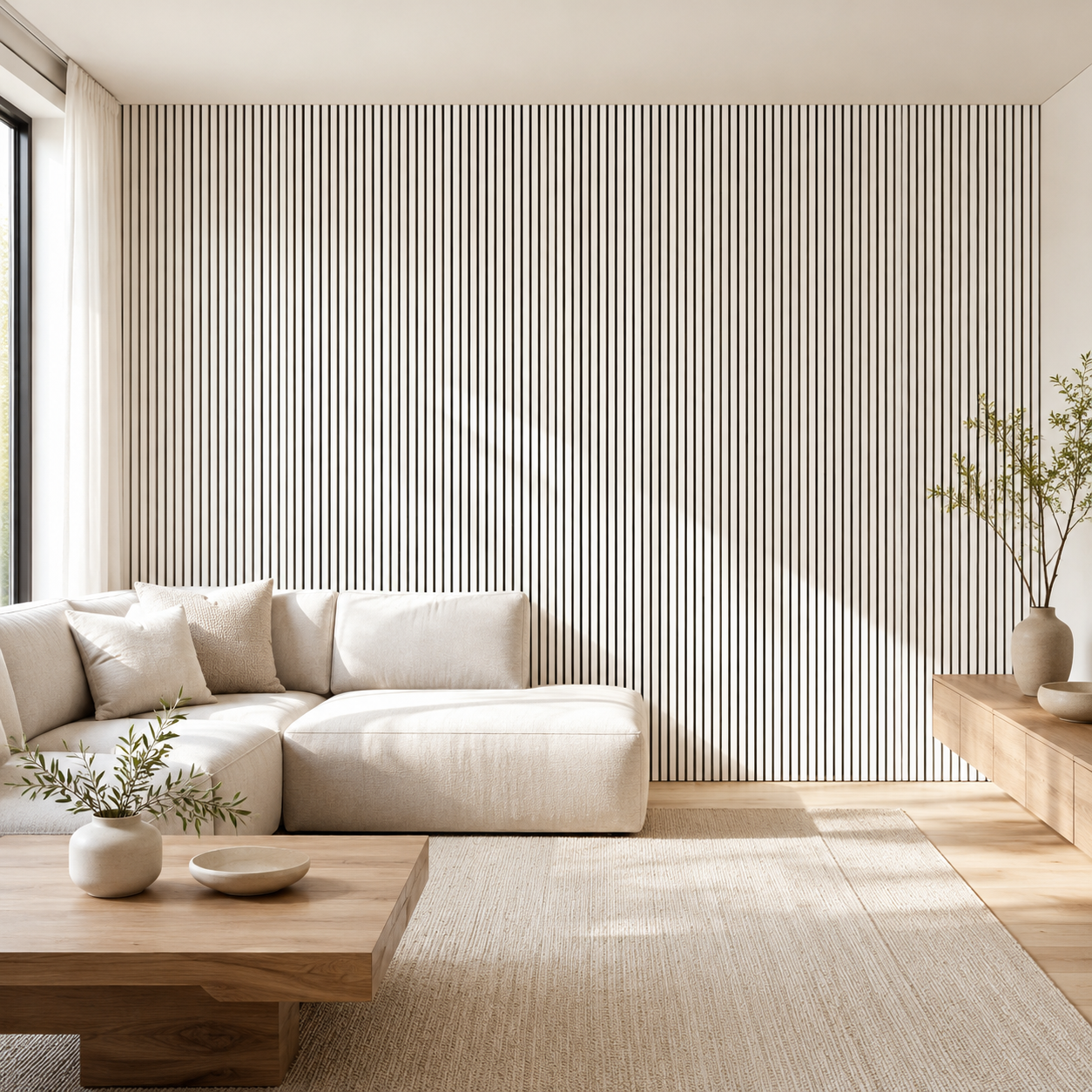 Maresia panel across a modern living room, light wood slats and boucle sofa.