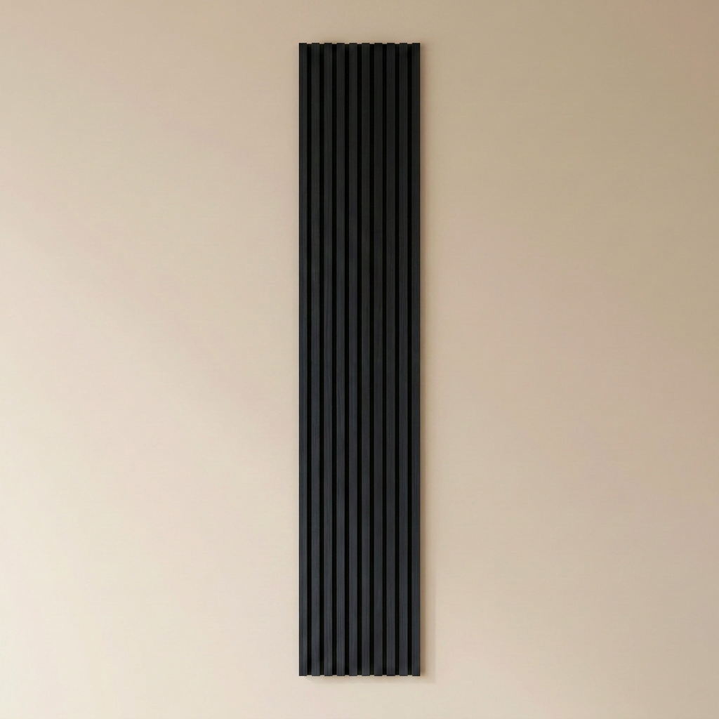 Maresia acoustic slat wall panel in matte black, vertical slats on a wall.