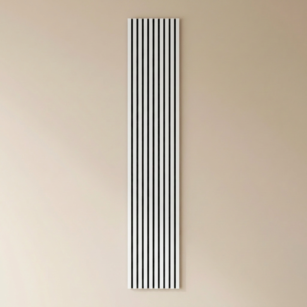 Maresia acoustic slat wall panel in white with gray felt backing.