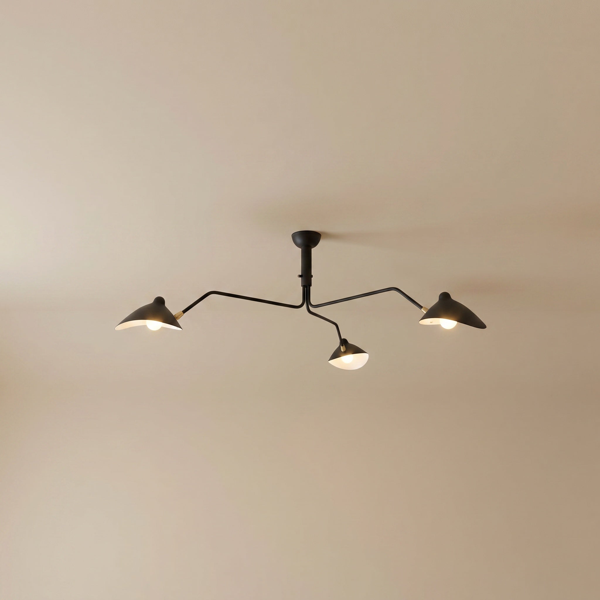 Marvão multi-arm ceiling light with brass hardware and three black arms, front product view