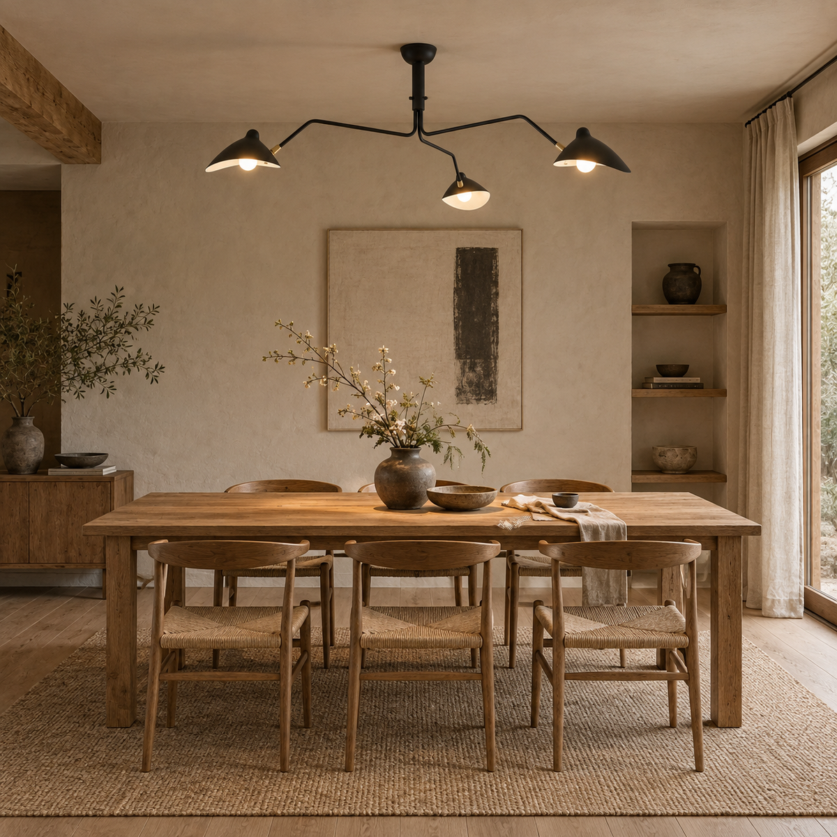 Marvão Mid-Century multi-arm ceiling light in black, in a dining room.
