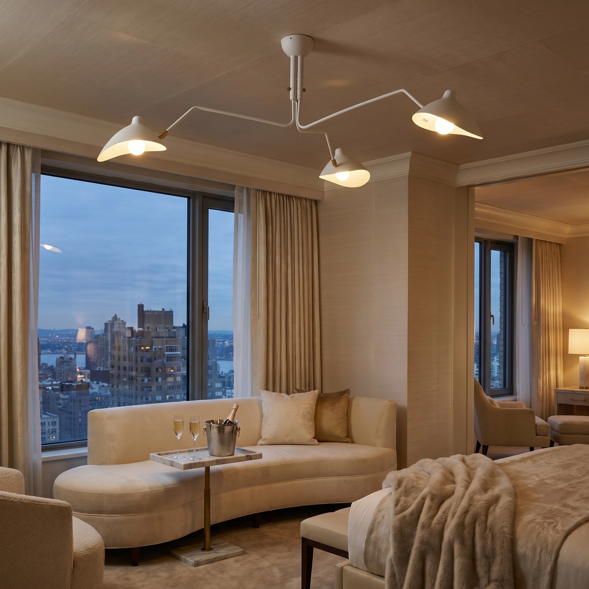 Marvão multi-arm ceiling light with brass hardware over a home office desk