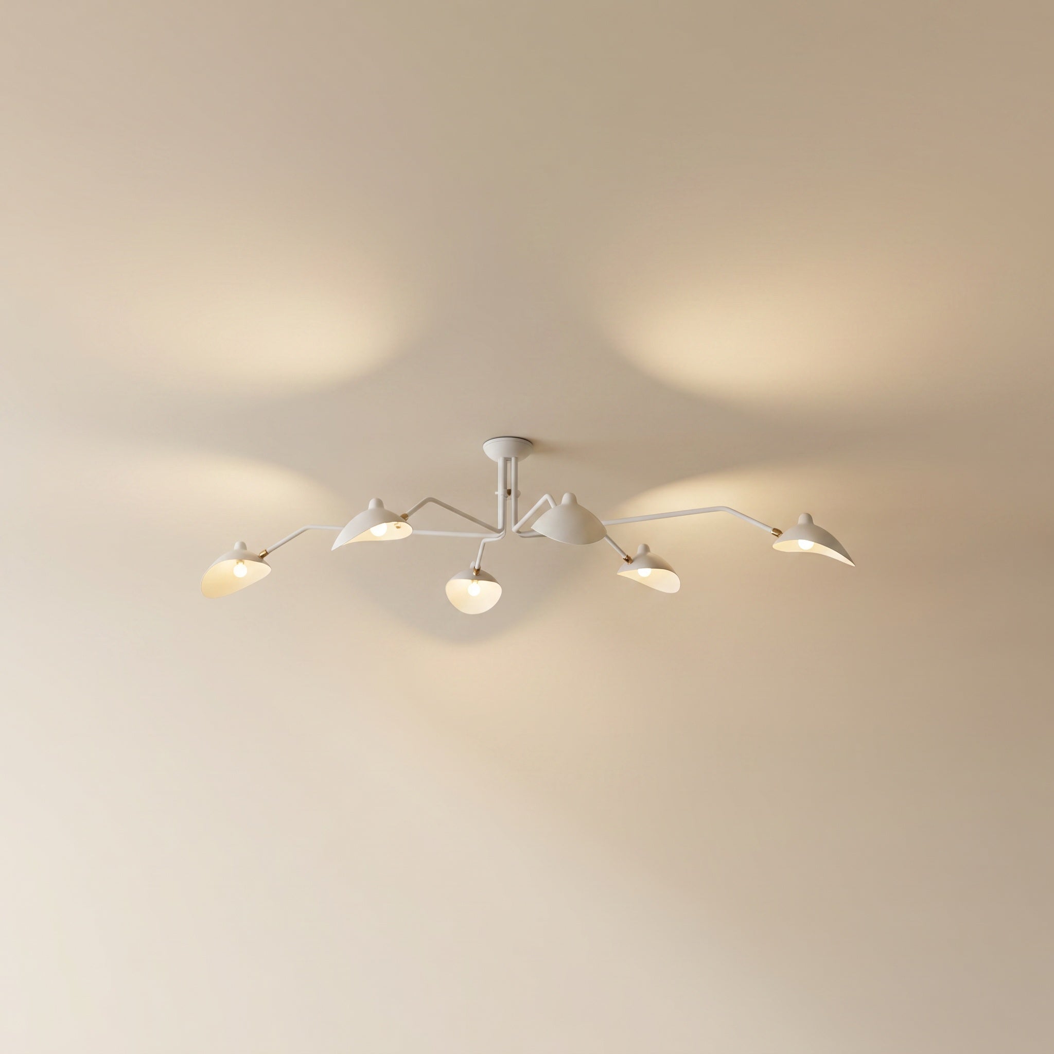 Marvão multi-arm ceiling light with brass hardware and six white arms, front product view