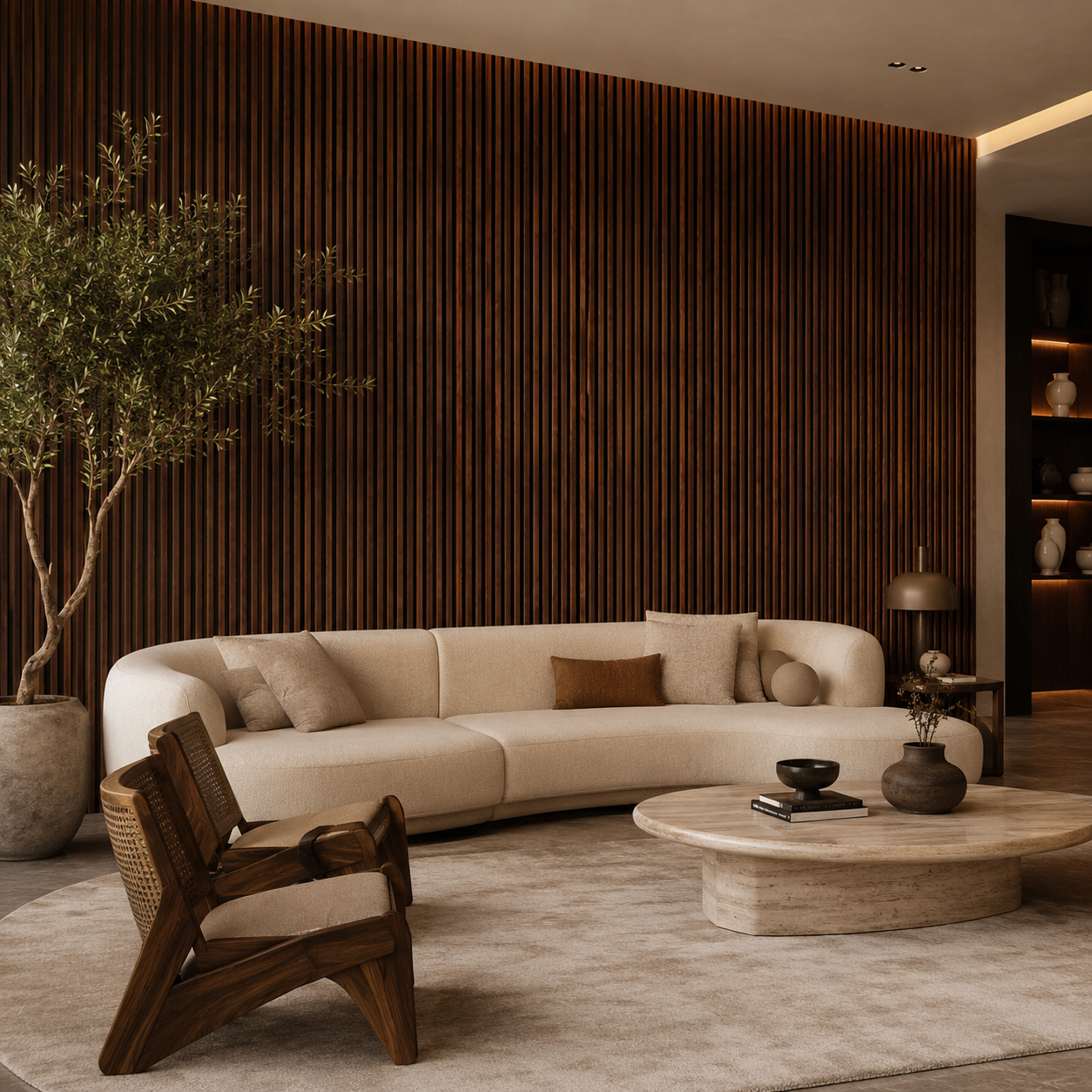 Mastro wood strip panel in a workspace, walnut slats behind a desk.