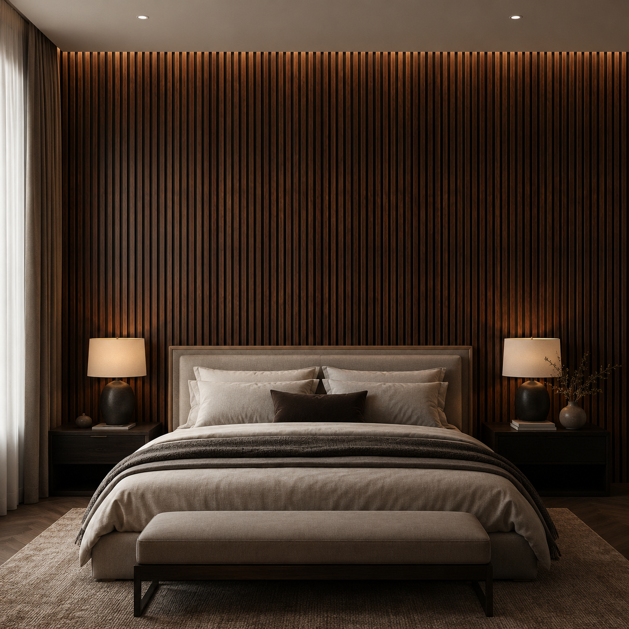 Mastro wood strip panel in a lounge, vertical slats and natural light.