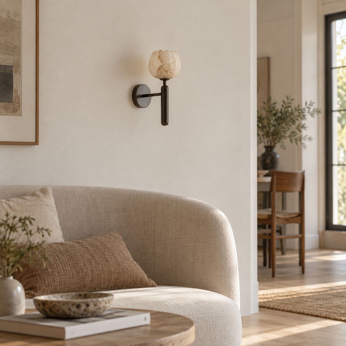 Mértola alabaster flower wall sconce in black, in a living room.