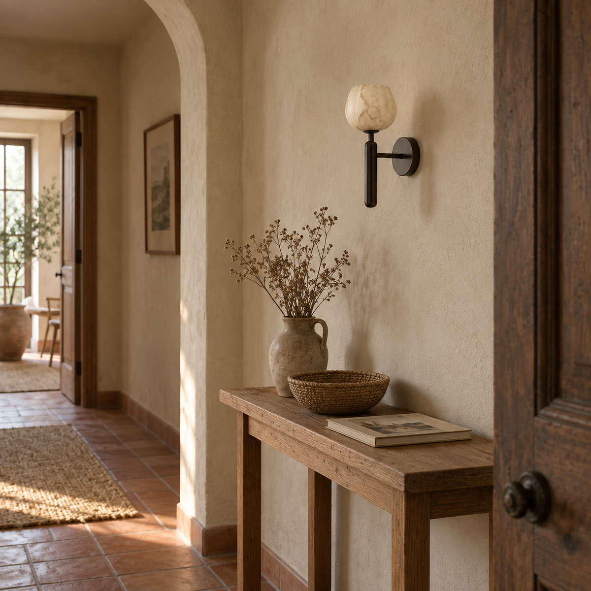 Mértola alabaster flower wall sconce in black, in a hallway.