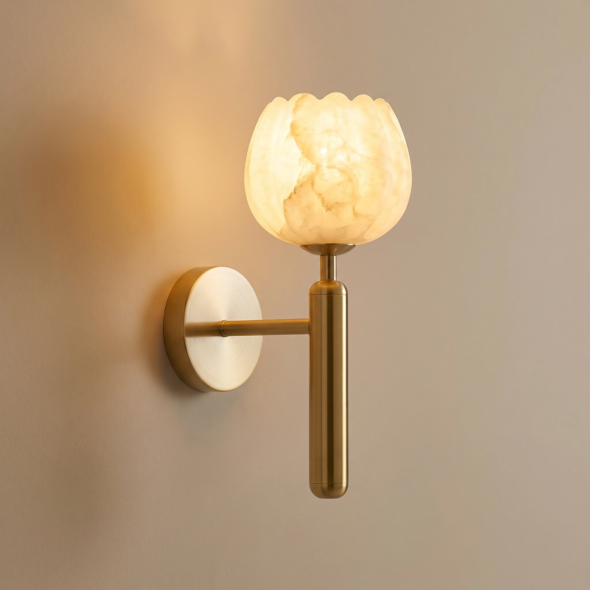 Mértola alabaster flower wall sconce, hand-carved petals on a brass-finish arm
