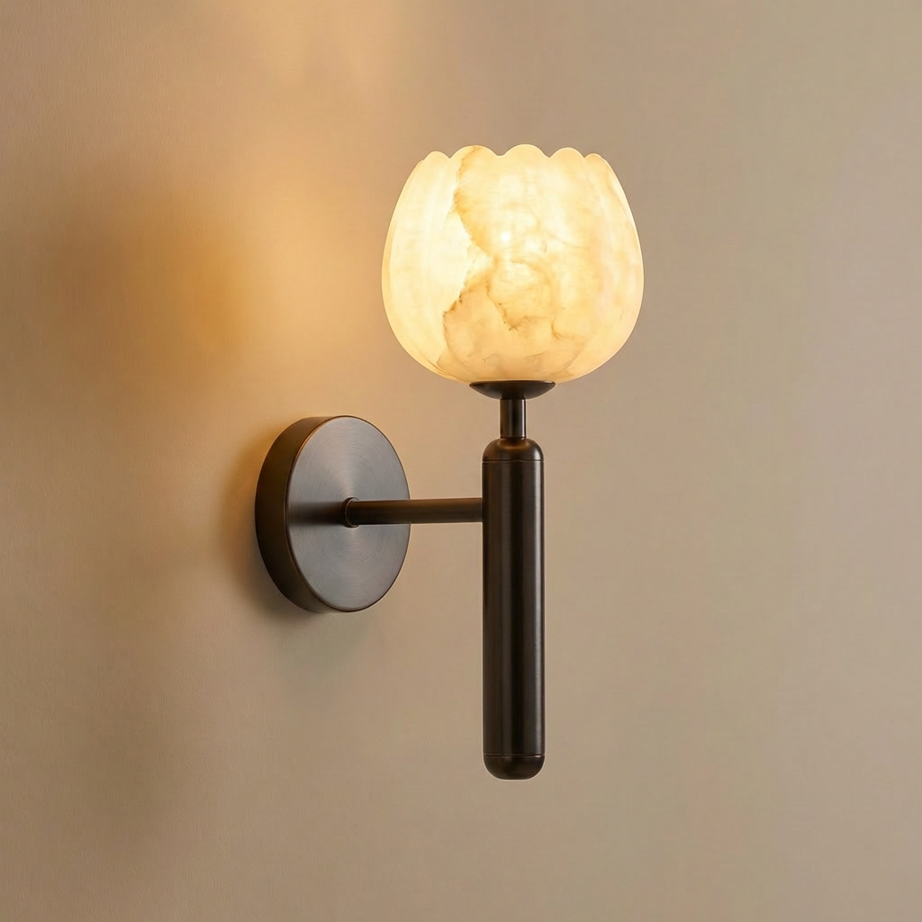 Mértola alabaster flower wall sconce in black finish, carved petals against a plain backdrop