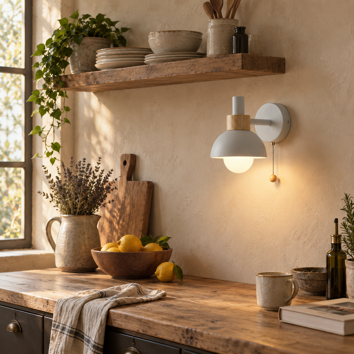 Milfontes macaron glass wall sconce in berry pink, in a kitchen.