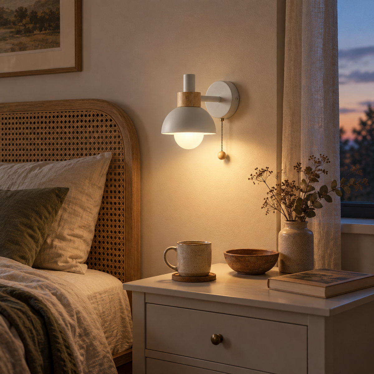 Milfontes macaron glass wall sconce in sand white, in a bedroom, beside a nightstand.